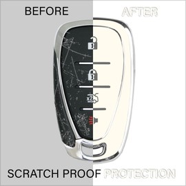 QBUC for Chevy Key Fob Cover With Keychain Silver Trim Soft TPU Protection Case Compatible with 2016-2024 Chevy Equinox Malibu Camaro Cruze Blazer Traverse Trax 4 Button（Off-white）