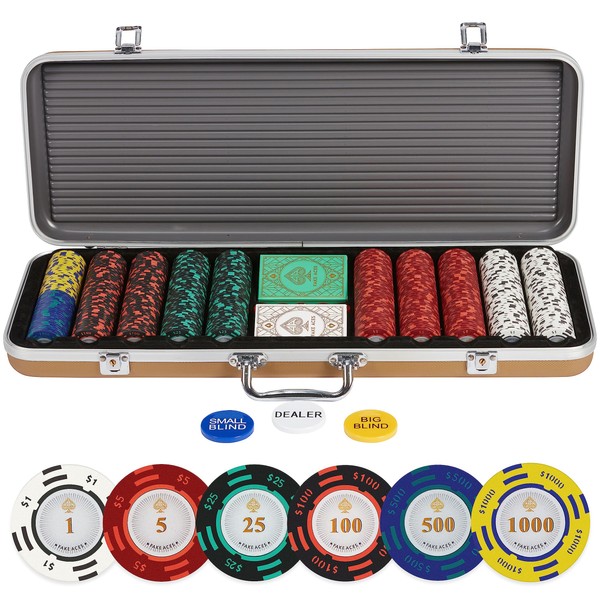 Fake ACES-500 Piece 14 Gram Clay Composite Poker Chip Set with Case. Premium Playing Cards. 5X Dice Casino Quality Poker Chips with Denominations-Numbered. Texas Holdem Poker Set-Casino Games