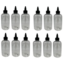 Natural Farms 8 oz Clear Boston Plastic Bottles -12 Pack Empty Bottle Refillable - BPA Free - Essential Oils - Aromatherapy | Black Twist Top Cap - Made in the USA