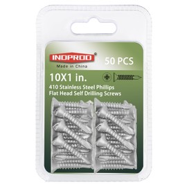 INDPROD #10 x 1" Self Drilling Screw, Stainless Steel 410, Flat Head Phillips Wood Screw, Flat Head Self Tapping Screw, Flat Head Sheet Metal Screws Wood Screws, Tek Screw, #10 x 1-Inch, 50 Pcs
