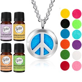 Wild Essentials Peace Sign Necklace Essential Oil Diffuser Kit with Lavender, Lemongrass, Peppermint, Orange Oils, 12 Refill Pads, Calming Aromatherapy Gift Set, Customizable Color Changing, Perfume