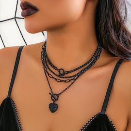 GIGB PBDK Layered Necklaces for Women Stackable Gothic Heart Coin Pendant Necklaces Adjustable Hip Hop Paperclip Cuban OT Clasp Choker Trendy Jewelry Gifts (Heart)