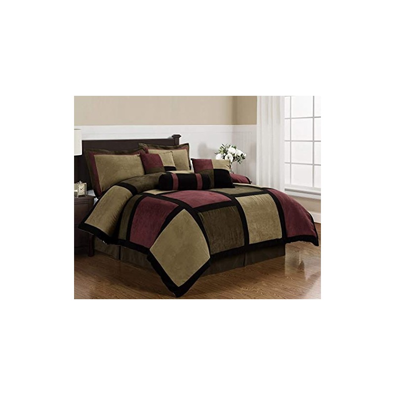 Chezmoi Collection 7-Piece Burgundy Brown Black Micro Suede Patchwork Comforter