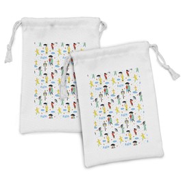 Ambesonne Rain Fabric Pouch Set of 2, Continuous Couple Under Umbrella Lettering Park Theme Leaves on Plain Backdrop, Small Drawstring Bag for Toiletries Masks and Favors, 9" x 6", White Multicolor