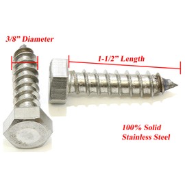3/8" X 1-1/2" Stainless Hex Lag Bolt Screws, (25 Pack) 304 (18-8) Stainless Steel, by Bolt Dropper