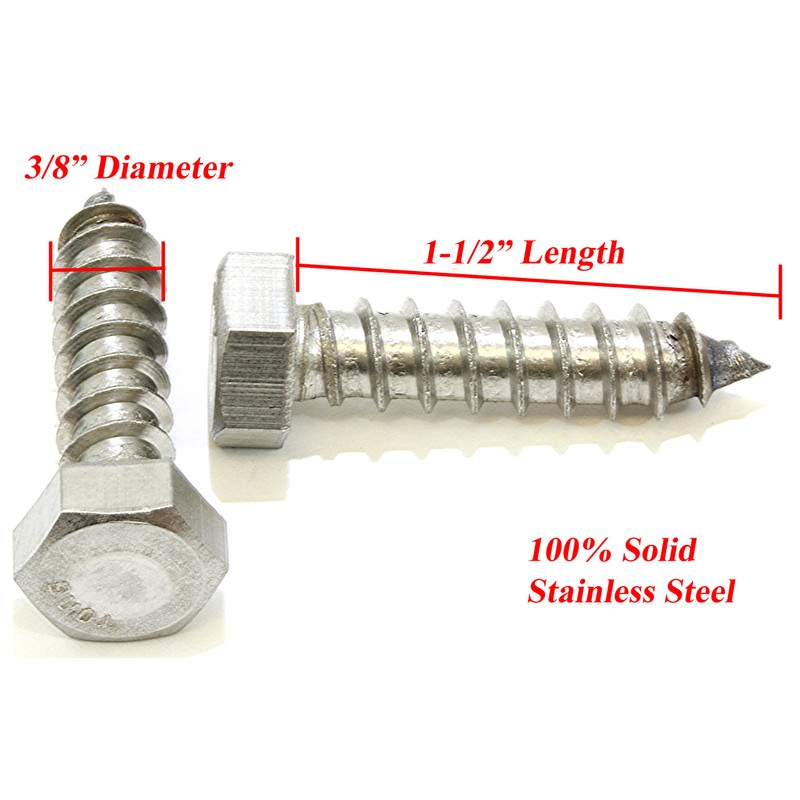 3/8" X 1-1/2" Stainless Hex Lag Bolt Screws, (25 Pack)