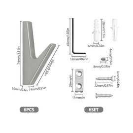JINTANG Wall Coat Hooks, 6 Pieces Coat Hooks Silver, Coat Hooks Acoustic Panels, Wall Hooks for Screws, Wall Hooks Acoustic Panels Coat Rack for Kitchens, Bathrooms, Foyers and Hallways (Matt Chrome)