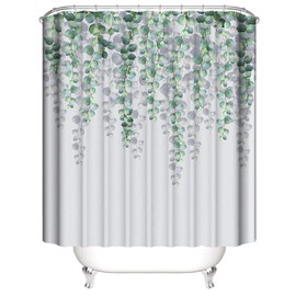 Lieson Shower Curtain, Waterproof, Anti-Mould, Polyester Shower Curtain, Green Leaves, Textile Bath Curtain, 180 x 200 cm