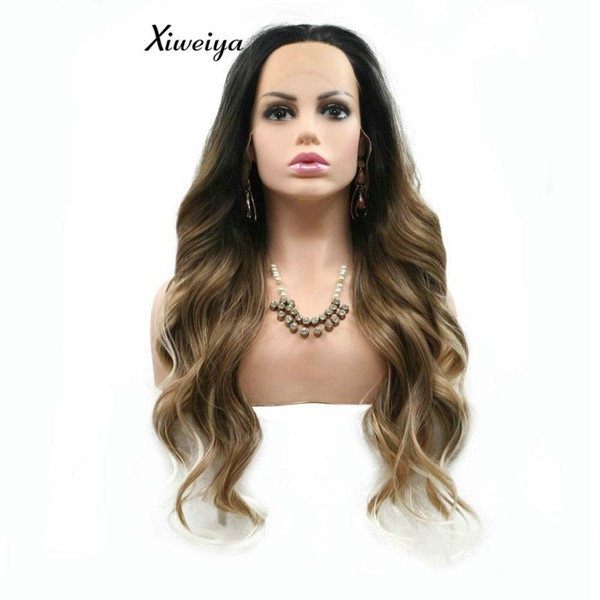 Xiweiya Wigs Synthetic Brown Lace Front Wigs Blonde Tips Long Body Wave Heat Resistant Fiber Ombre Synthetic Wigs Middle Part