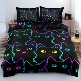 MVRFN Cute Kitten Bed Linen 140 x 200 cm + Pillowcase with Zip 70 x 90 cm Black Cat Breathable Soft Microfibre Children's Bed Linen Austrian Duvet Cover