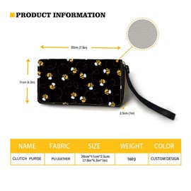 TOADDMOS Cute Honey Bee Print Ladies Purse Wallet PU Leather Zip Coin Card Phone Clutch Purse Large Capacity Travel Organizer Handbag