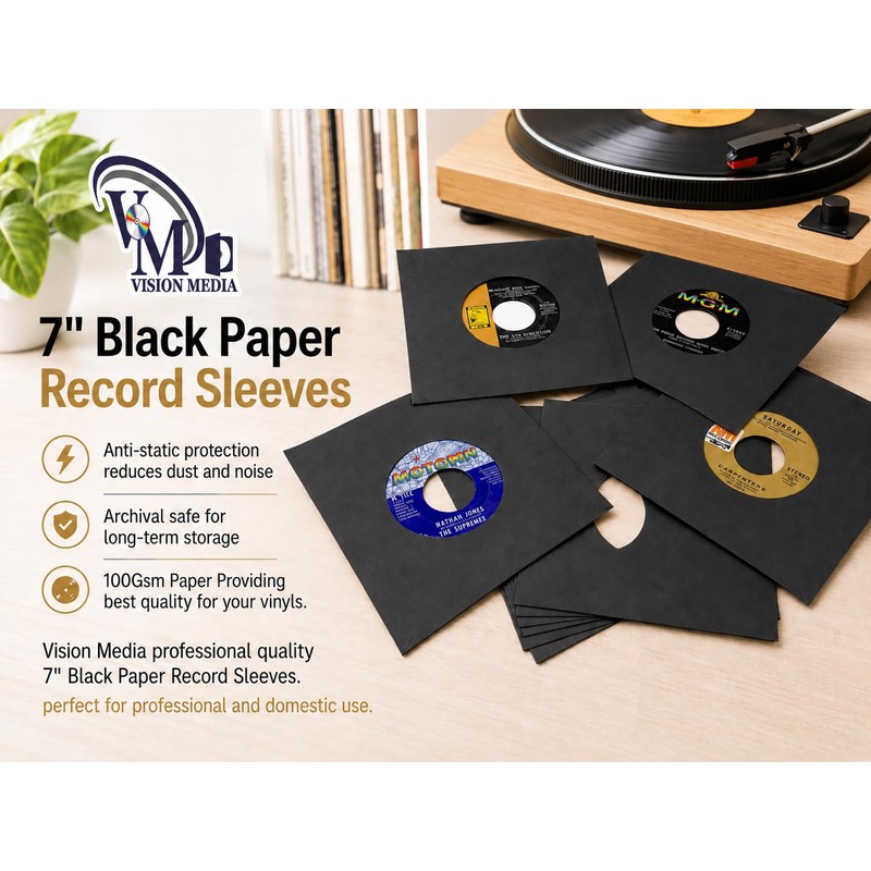 Vision Media® 7'' Black Paper Inners Sleeves - Acid Free