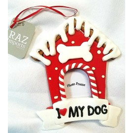 RAZ Imports I LOVE MY DOG HOUSE WITH BONE PICTURE FRAME RED CHRISTMAS ORNAMENT NWT