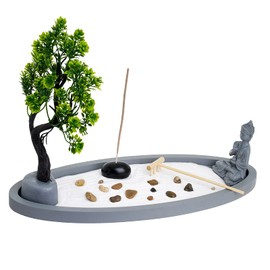 London Boutique Zen Garden Thai Buddha - Incense Holder - White Sand - Decorative Stones - Wooden Shovel - Oval Base