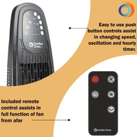 Comfort Zone 36" Tower Fan, 3-Speed, Remote Control, Oscillation, 4-Hour Timer with Sleep Mode, Ideal for Home, Bedroom & Office, CZTF336RBK