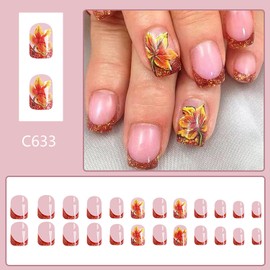 Thanksgiving Press On Short Nails - Glossy Full Cover Square Fall False Nails with Maple Leaf Designs Artificial Autumn Leaves Glue Ons for Women Girls (C633)