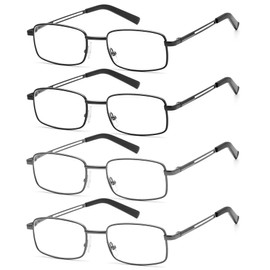 HIGHLIKE 4-Pack Reading Glasses Men, Metal Stainless Flex Readers with Soft Cases, Clear Lens Blue Light Glasses, 2 Black 2 Gunmetal 4.0 x