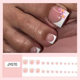 24 Pcs White French Press on Toenails Short Square - Summer Nude Pink Fake Toe Nails Pink Flowers Design Full Cover Acrylic Toe Nails Press ons with Nail File Stick Jelly Glue on Nails Kit for Women