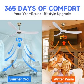 Fanawi 60" Gold and White Ceiling Fan with Remote Control, Bedroom Ceiling Fan without Lights for Indoor/Outdoor - Modern Design, Powerful Airflow, Silent Operation