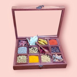 Wooden Glass Spice Box With Antique Lock Table In 12 Section Wooden Spice Rack Organizer and Masala Dabba Wooden Style Spice Storage Box By PSQURMART., Brown, 2.5×10.5×7.75 inches