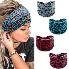 Leopard Print Headbands for Women – 4 Pack Wide Stretchy Turban Hair Bands, Y2K Fashion Animal Print Head Wraps for Workout, Festival, Streetwear