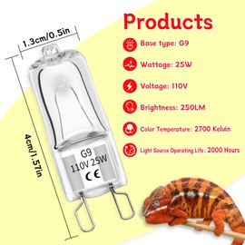 G9 Heat Lamp Bulbs for Reptiles and Amphibian Tanks,2 Pin Base Mini G9 Halogen Bulbs 25w 120v, Warm White UVA Reptile Heat Lamp for Bearded Dragon Turtle Lizard (5, 25 W)