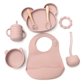 Set de Alimentación para Bebé en Silicóna, Juego de Platos, Vaso, Babero, Mordedera y Cubiertos para Bebé (Rosa)