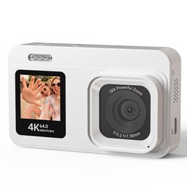 CARONSORT Digital Camera, 4K 64MP Selfie Cameras for Photography Autofocus,Point and Shoot, 2.8" Screen Compact Travel Camera for Kids&Teens with 18X Zoom 32GB SD Card & 1 Batteries-White