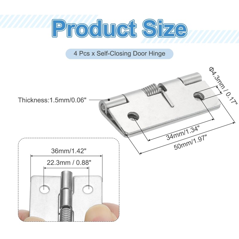sourcing map 4Pcs Spring Hinge, 2" Length 304 Stainless Steel