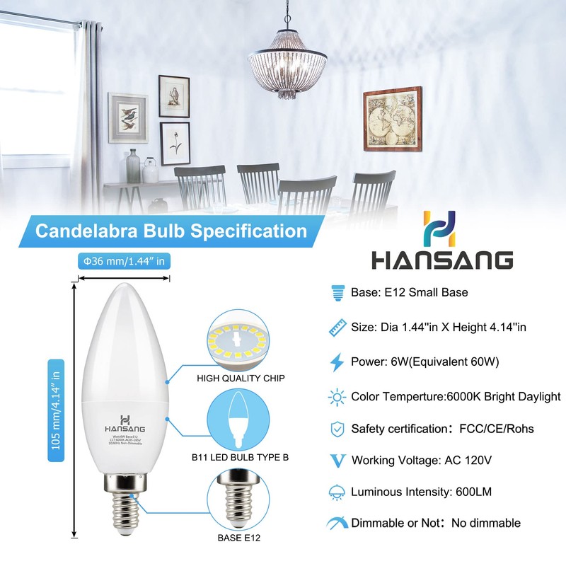 hansang E12 Candelabra LED Light Bulbs 6000K Cool Daylight White,