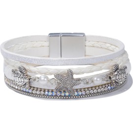 FANCY SHINY Turtle Starfish Leather Wrap Bracelet Boho Rhinestone Pearl Cuff Bracelet with Magnetic Clasp for Women Cute Stackable Layer Ocean Beach Jewelry Gift(White)