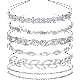 6 Pieces Bride Bridesmaids Crystal Flower and Leaves Headband and Women's Girl's Faux Pearl Rhinestones Headdress for Wedding Party (Silver, One Size)