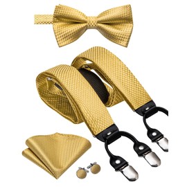 Dubulle Gold Suspenders for Men and Gold Bow Tie Pocket Square Set