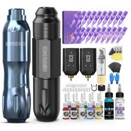 Wormhole Wireless Tattoo Gun Kit – Professional Tattoo Machine with Black & Gun Gray Dual Tattoo Pen Pens, Dual 1200mAh Batteries, Tattoo Inks, Practice Skin, Needles & Full Accessories for Artists