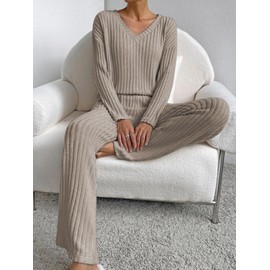 Famulily Pyjamas for Women Long Sleeve V-Neck Loungewear Leisure Suit Wide Leg Pyjamas Two Piece Set Outfit with Pockets, coffee