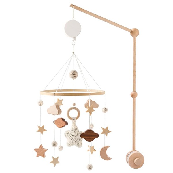 Mobile Baby Wind Chimes Mobile Holder Wooden with Mobile Music Box, Clouds Stars Mobile Baby Girl Bed Bell Pendant for Baby Cot, Wind Chime Rattle Changing Table, Nursery Hanging Bed Bell