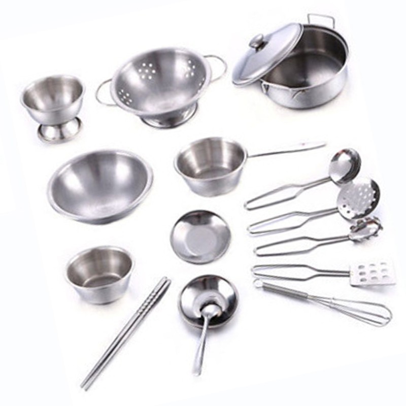 16PCS Pots and Pans Kitchen Toy Stainless Steel Pretend Play