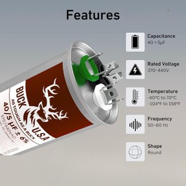 Buck 40+5uF 40/5 MFD ±6% CBB65B Dual Run Round Start Capacitor - Ideal for HVAC Systems, Air Conditioner Unit Fan Motor Start, Heat Pump, & Condenser Straight Cool Applications 370/440VAC 50/60Hz