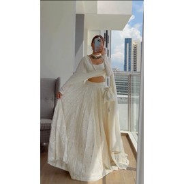 TRENDMALLS Women's Georgette Embroidery Sequence Work Wedding Lehenga Choli with Dupatta Ready to wear (L64-White-S)