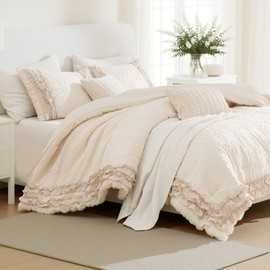 Ruffle Comforter King Beige Bedding Set Leaf Botanical Tufted Comforter Extra Soft Cozy Shabby Chic Bed Set Ruffled Quilt for All Season