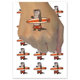 Surfer Otter with Surfboard Shaka Hand Temporary Tattoo Water Resistant Fake Body Art Set Collection - 15 2" Tattoos (1 Sheet)