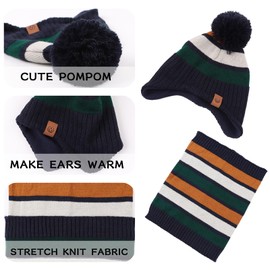 PEECABE Toddler Winter Hat Boys Girls Striped Knitted Beanie Pompom Kids Cold Weather Hat Scarf Set 9M-8Y (B-Green+Scarf, S)