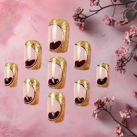 Lomxene Gold Press On Nails Short Fake Nails Square Acrylic Nails Glitter Nails Press Ons Glossy Glue On Nails Floral Artificial Nails False Nails Stick On Nails 24pcs(Square Short Gold)