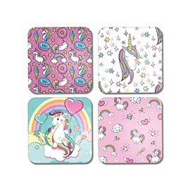 DV DESIGN 4 x Square Unicorn Coasters - Cartoon Pattern Pink Stars Girls Kids Gift #77897