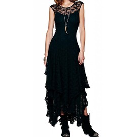 R.Vivimos Womens Sleeveless Backless Asymmetrical Layered Lace Long Dress with Slip Two Pieces (Small, Black)