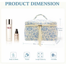 MERATIA Cotton Makeup Bag, Portable Travel Cosmetic Bag for Women Floral Toiletry Organizer Bag, Blue floral-1, Casual