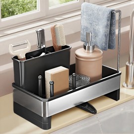 Thesurfpait Sponge Holder for Kitchen Sink - Stainless Steel Sink Caddy Holds Brush, Dish Cloth and Soap Dispenser Rustproof Countertop Organizer (Black)