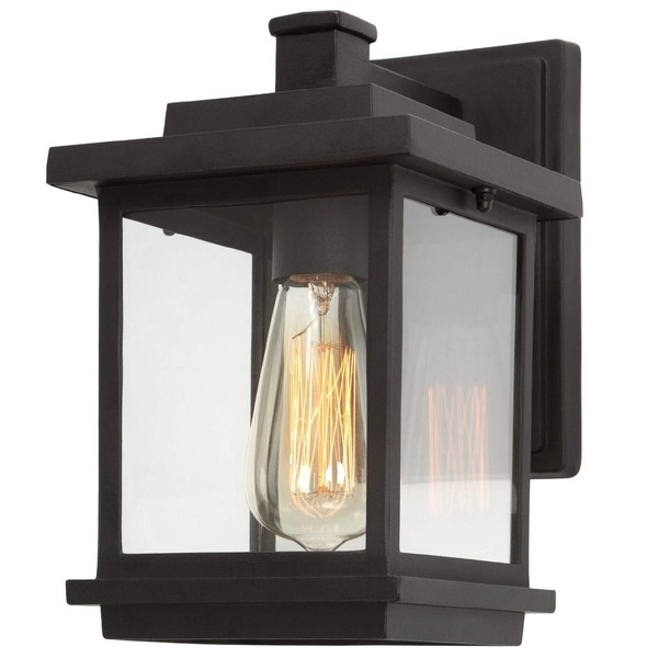 LALUZ Rectangle Porch Lights Outdoor, A03156 Farmhouse Weather-Proof Exterior Light Fixture with Clear Glass, Anti-Rust Outdoor Wall Lantern in Matte Black Finish for Front Door, Patio, Yards, Garage