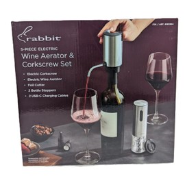 Rabbit Electric Wine Tool Set - 5-Piece Wine Accessory Collection - Aerator, Corkscrew, Cutter, Stoppers, Charging Cables