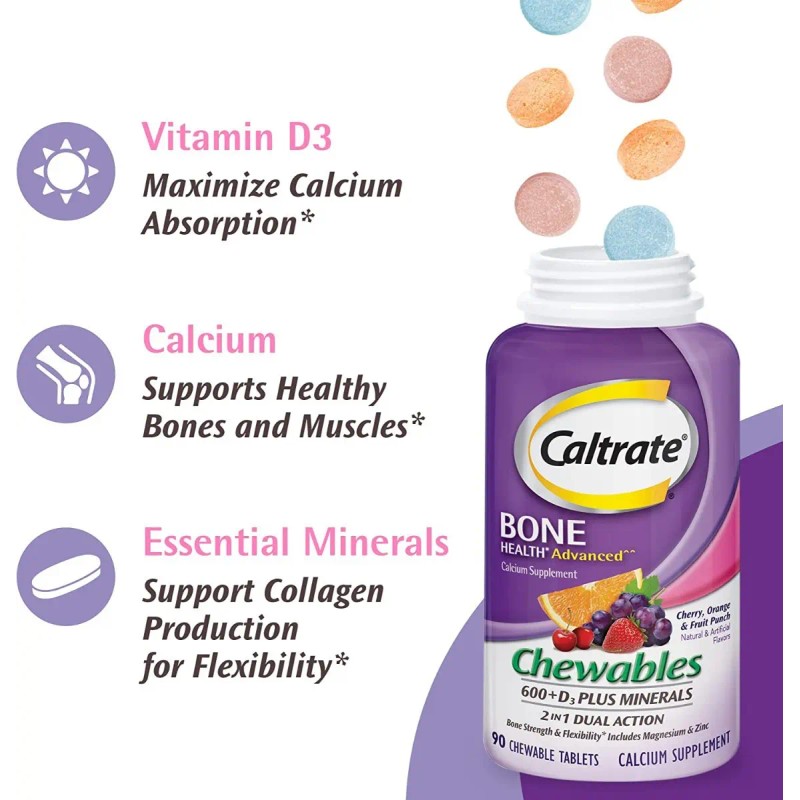 Caltrate 600 mg con Vitamina D3 | Tabletas Masticables Sabor